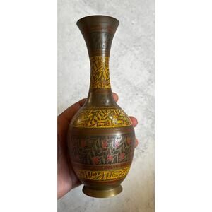 Vintage Etched Handpainted Brass Jewel-Toned Floral Pattern Vase